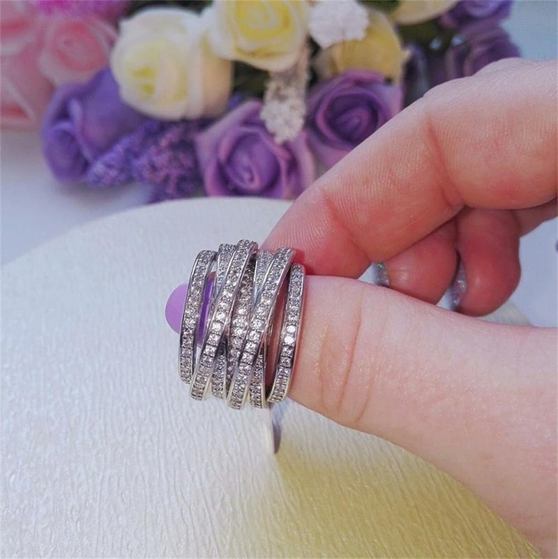 AZQ 925 Sterling Silver Shiny Half Full Diamond Ring - Multilayer Winding Cubic Zirconia Anniversary Ring - CZ Diamond Multi Row Eternity Engagement Wedding Band for Women (US Code 6) - Image 4